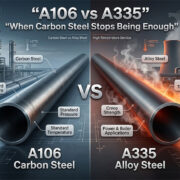 Side-by-side bundles of ASTM A106 Grade B carbon steel and A335 P11 alloy steel seamless pipes with stamped heat numbers at Nakoda Steel Industry,