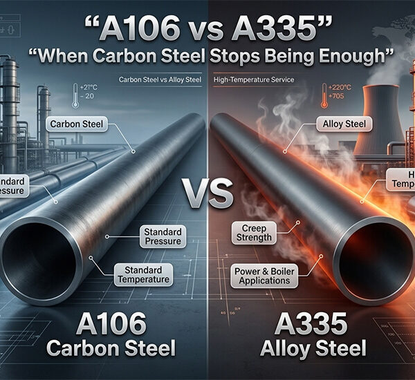 Side-by-side bundles of ASTM A106 Grade B carbon steel and A335 P11 alloy steel seamless pipes with stamped heat numbers at Nakoda Steel Industry,