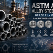 Stacked seamless ASTM A335 P11 and P22 chrome-moly alloy steel pipes with heat numbers stamped, at Nakoda Steel Industry's Mumbai facility