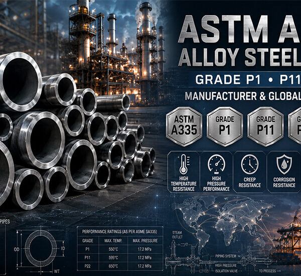 Stacked seamless ASTM A335 P11 and P22 chrome-moly alloy steel pipes with heat numbers stamped, at Nakoda Steel Industry's Mumbai facility