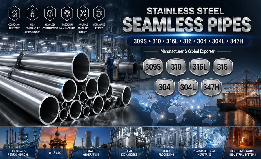 Manufacturer & Exporter of Stainless Steel Seamless Pipes — 304, 304L, 316, 316L, 309S, 310, 347H