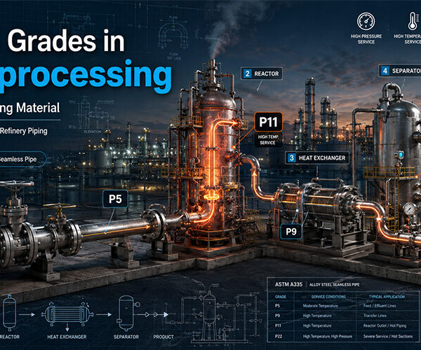 Circuit-by-circuit material map of A335 chrome-moly grades in a refinery hydrocracker, from carbon steel feed lines to heavy-wall P22 reactor loop piping at Nakoda Steel Industry