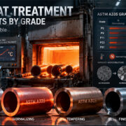 A335 normalizing and tempering temperature table by grade — minimum temper 650°C for P1 and P11, 675°C for P5, P9 and P22, and 730–800°C tempering window for P91