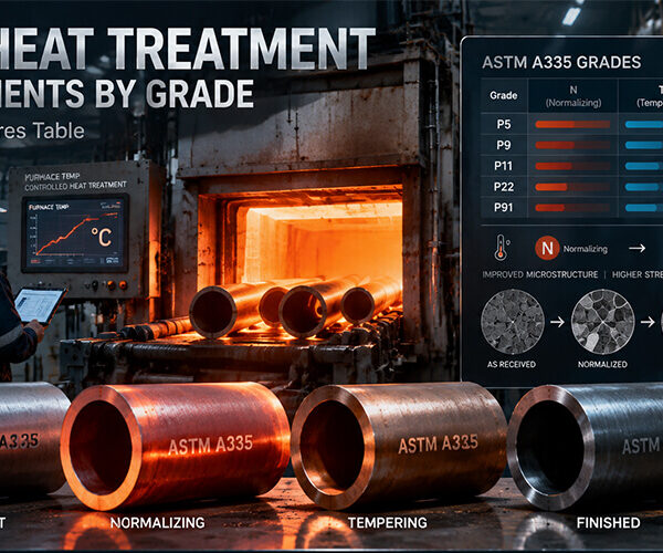 A335 normalizing and tempering temperature table by grade — minimum temper 650°C for P1 and P11, 675°C for P5, P9 and P22, and 730–800°C tempering window for P91
