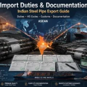 Export documentation set for Indian alloy steel pipe shipment — commercial invoice, CEPA certificate of origin, mill test certificates and packing list at Nakoda Steel Industry, Mumbai