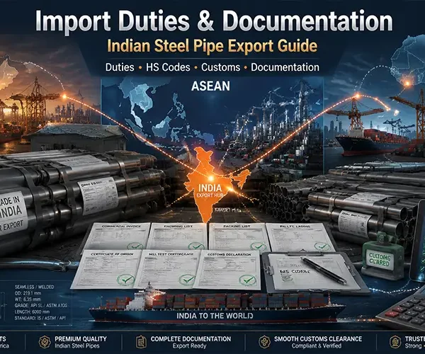 Export documentation set for Indian alloy steel pipe shipment — commercial invoice, CEPA certificate of origin, mill test certificates and packing list at Nakoda Steel Industry, Mumbai