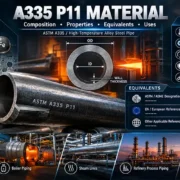 A335 P11 material specification tables — chemical composition and mechanical properties — beside stamped P11 seamless alloy steel pipes at Nakoda Steel Industry, Mumbai