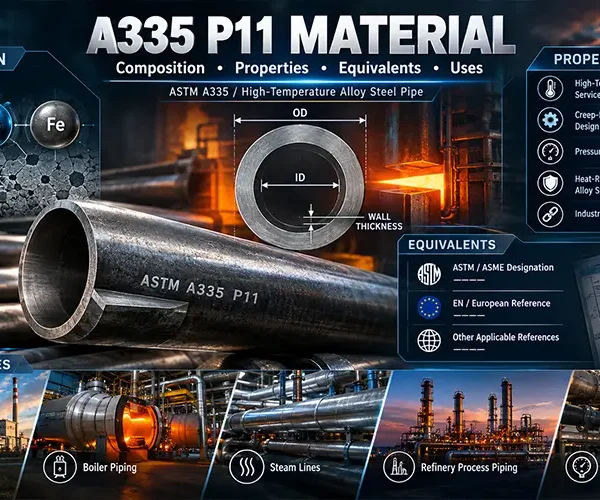 A335 P11 material specification tables — chemical composition and mechanical properties — beside stamped P11 seamless alloy steel pipes at Nakoda Steel Industry, Mumbai