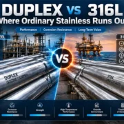 Duplex 2205 stainless steel pipe beside 316L pipe of equal pressure rating showing the thinner duplex wall, with stamped heat numbers at Nakoda Steel Industry,